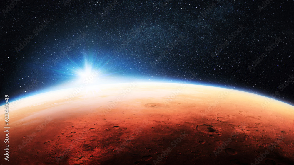 Poster amazing red planet mars with craters and beautiful blue sunset in space with stars. new planet mars.