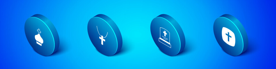 Set Isometric Christian church tower, Grave with tombstone, cross and chain icon. Vector