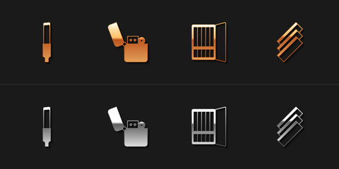 Set Cigarette, Lighter, case and rolling papers icon. Vector