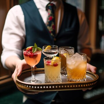 Server Bringing Beautiful Summer Cocktails. 