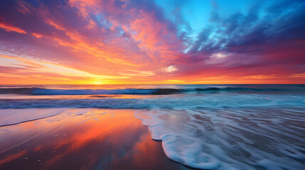 Fototapeta na wymiar Serene Sunrise Beach: Tranquil Shoreline with Vibrant Colors | Stock Photo