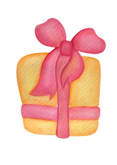 yellow gift box with silk pink ribbon isolated on transparent background. Watercolor Hand painted illustration for Christmas, New Year, wedding, birthday, holiday organization agency