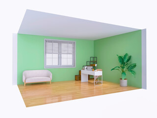 Room interior, desktop with computer 3d render, 3d illustration