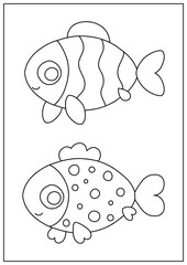 Cute simple fish in line art style. Kawaii character design. Printable colouring page for children. Ready to print a4 black and white image.