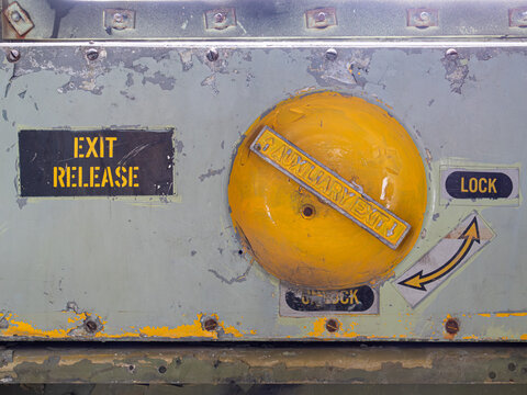 Old And Rusty Emergency Exit Release Lock Airplane Mechanism