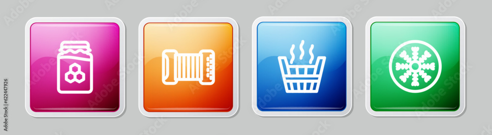 Poster set line jar of honey, accordion, sauna bucket and snowflake. colorful square button. vector