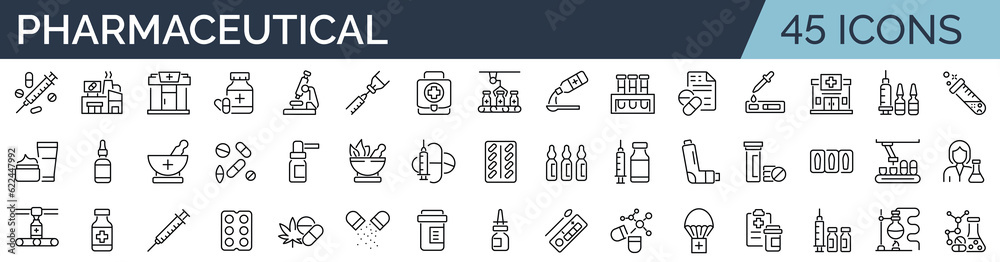 Wall mural set of 45 outline icons related to pharmaceutical. linear icon collection. editable stroke. vector i