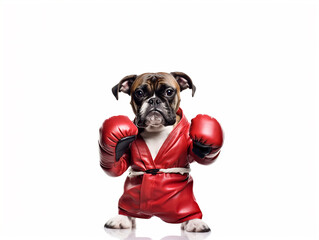 bulldog dog full body with red boxing gloves on white background. Dog Sportsman looking at the camera. Generative AI