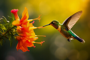 Hummingbird flying next to flower, eating. Generative AI.
