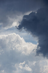white storm clouds in sky background of nature. weather and climatic conditions, ecology. view of clouds from airplane window. Flight and freedom are religion. The top of sky and atmosphere, solar