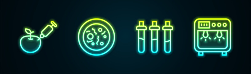 Set line Genetically modified apple, Petri dish with bacteria, Reagent bottle and Biosafety box. Glowing neon icon. Vector