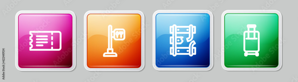 Sticker Set line Train ticket, Cafe and restaurant location, Broken rails railway and Suitcase. Colorful square button. Vector