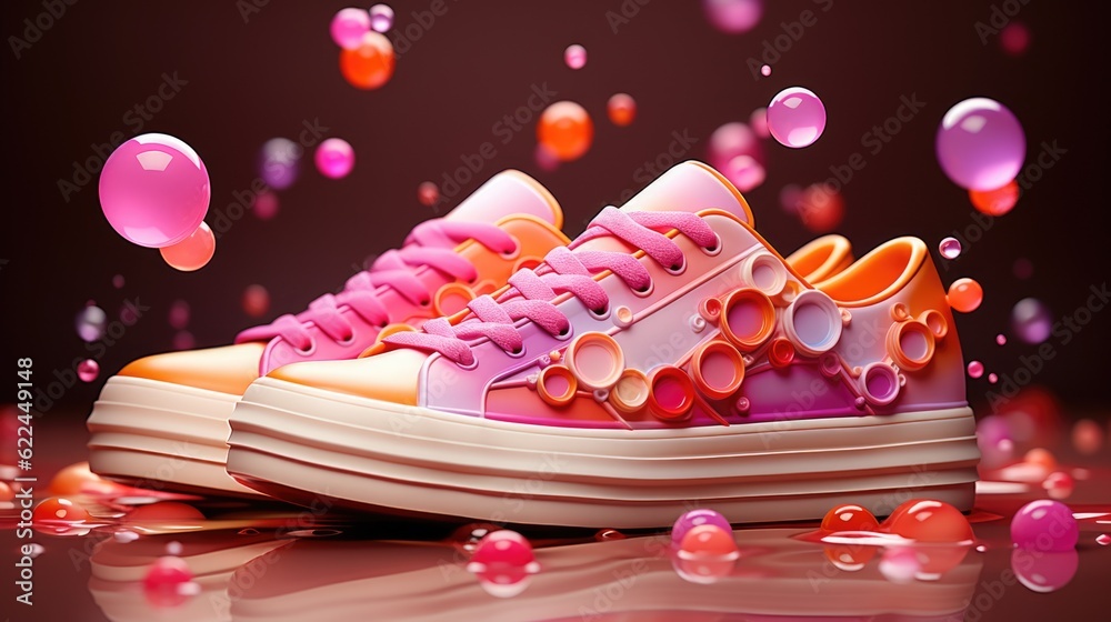 Canvas Prints A pair of pink and orange sneakers with bubbles in the background. Generative AI image.