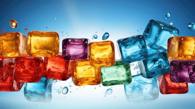 A group of colored ice cubes floating in water. Generative AI image.