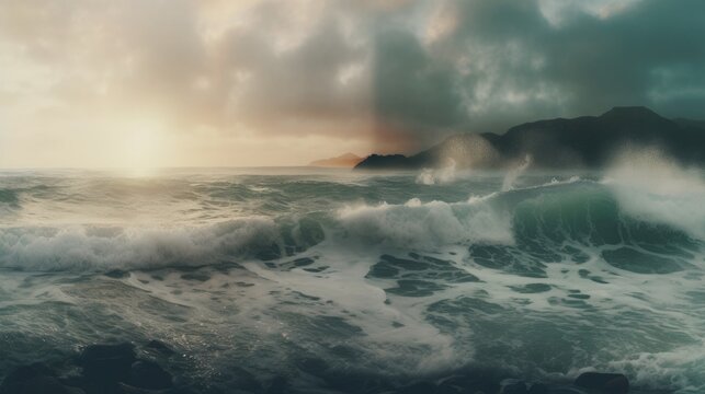 Sea waves near the coast during a storm. Overcast, cloudy, dark sky. © Vitaly Art