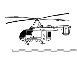 Kaman HH-43 Huskie. Vector drawing of search and rescue helicopter. Side view. Image for illustration and infographics.