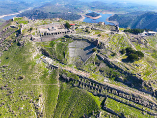 Aerial drone shooting of ancient city of Pergamon acropolis. Izmir - Turkey