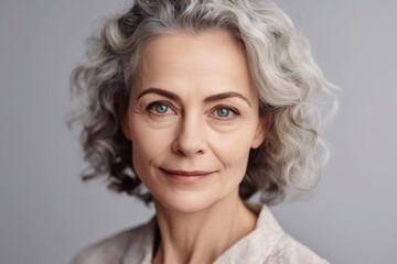Close-up of Mature Woman with gray looking at Camera. Generative AI