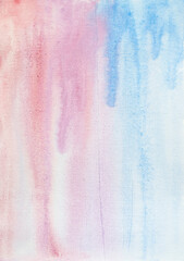 Creative abstract hand painted watercolor background, wallpaper, texture.
Chaotic paint streaks. Wet paint texture. Blue and pink watercolor streaks. Abstract composition for design elements.