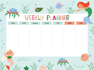 set of weeklies with Mermaid and fish. Marine theme. Children's class schedule. Notes and to-do list.  Schedule design. Organizer sheets