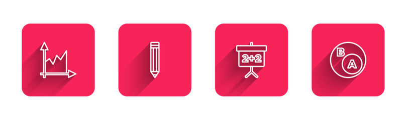 Set line Graph, schedule, chart, diagram, Pencil, Chalkboard and Subsets, math, is subset of with long shadow. Red square button. Vector