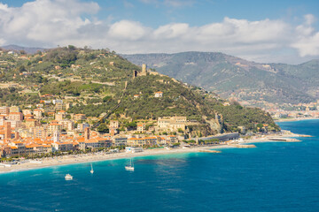 Naklejka na ściany i meble Aerial view of Noli town on the Ligurian Sea, Italy