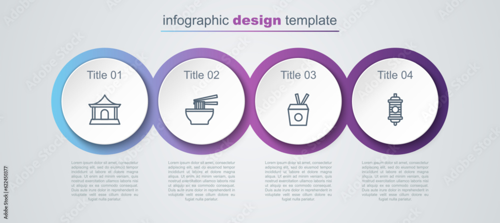 Poster Set line Chinese house, Asian noodles bowl, Noodles box and chopsticks and paper lantern. Business infographic template. Vector