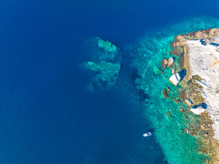 Drone photograph in the field of sail rocks in Foca district of Izmir province. Yelkenkaya - Foca