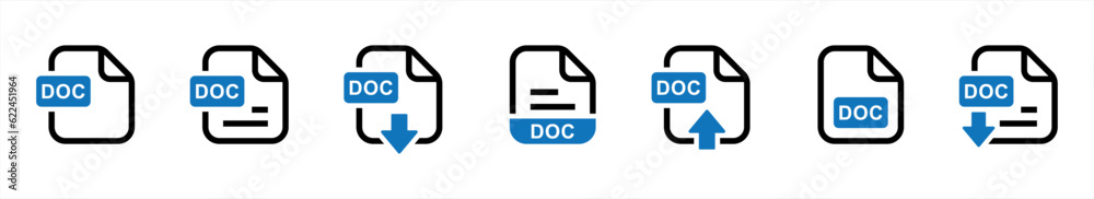 Poster doc file format icon set in line style. format information, document text, doc file download, text d