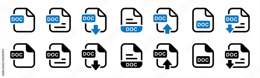 Poster doc file format icon set in line style. format information, document text, doc file download, text d