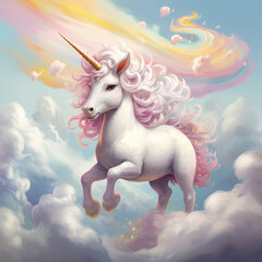 Obraz na płótnie Canvas Adorable Unicorn on Flying Cloud | Generative AI