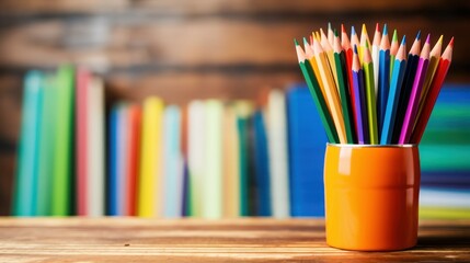 Stilllife illustration of a desk with school furnitures. Books crayons colored pencil. Generative AI.