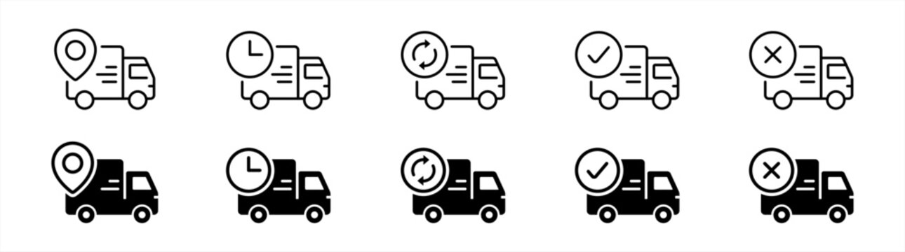 Delivery Truck icon set in line style. Logistic trucking, Express delivery trucks, Fast shipping truck, delivery 24 hours simple black style symbol sign for apps and website, vector illustration.