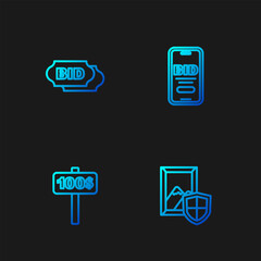 Set line Auction painting, Hand holding auction paddle, Bid and Online. Gradient color icons. Vector