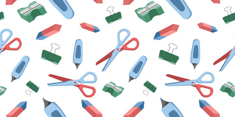 Seamless Pattern of office or school stationery isolated on white background. Scissors, eraser, sharpener, marker, clip. Perfect for office or school themes, wrapping paper, poster and banner, textile