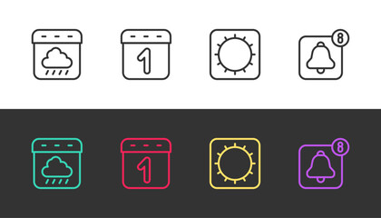 Set line Calendar autumn, Sun and Alarm clock app mobile on black and white. Vector
