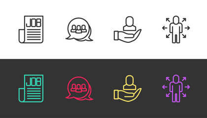 Set line Search job, Project team base, Worker and Multitasking manager working on black and white. Vector