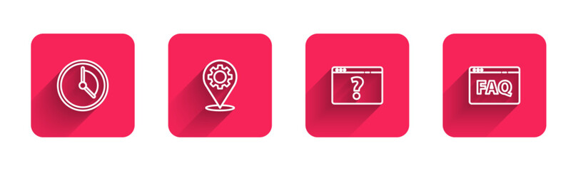 Set line Time Management, Location with gear, Browser question mark and FAQ with long shadow. Red square button. Vector