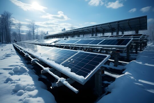 solar panels in the snow, closeup of photo with soft focus