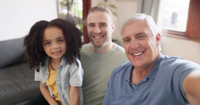 Selfie, grandfather with father and child in the home, happiness and memory of interracial family. Care, support and smile in picture, men with girl kid in portrait, bond and social media live stream
