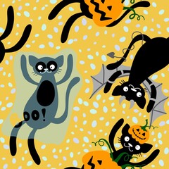 Halloween cartoon cats seamless pumpkins and ghost and monsters vampire pattern for fabrics and wrapping paper