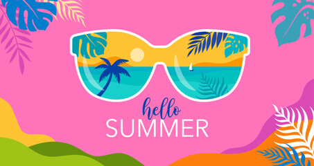 Summer fun concept design. Creative background of landscape, panorama of sea and summer beach on sunglasses. Summer sale, post template with jungle leaves frame