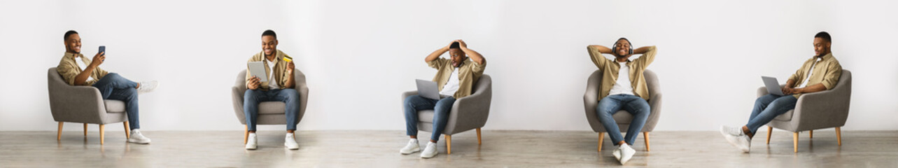 African Man Enjoying Leisure Via Laptop, Tablet And Smartphone Indoors