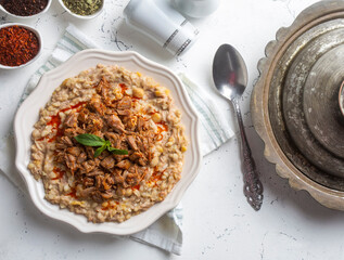 Traditional turkish food, made of meat and wheat, delicious ramadan food (Turkish name; Keskek)