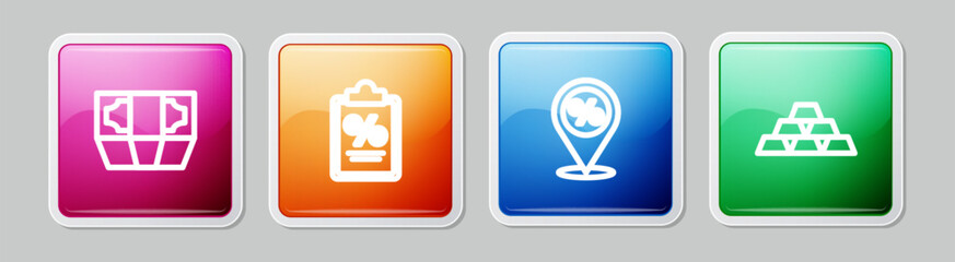 Set line Stacks paper money cash, Finance document, Location with percent discount and Gold bars. Colorful square button. Vector