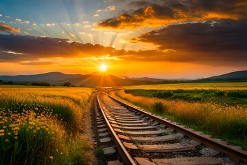 Fototapeta na wymiar railway in the sunset generated by AI technology 