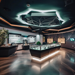 Retail interior layout with high ceilings and a modern or futuristic feel, perfect for a dispensary or bar