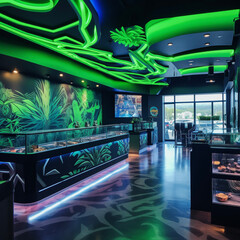 Retail interior layout with high ceilings and a modern or futuristic feel, perfect for a dispensary or bar