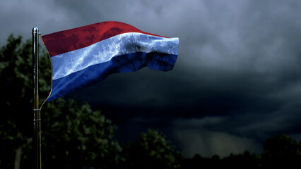 Netherlands flag for any holiday on dark storm cumulus - abstract 3D rendering