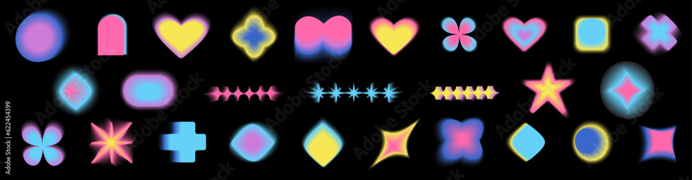 Poster Vector set of gradient abstract shapes and aesthetic elements. Colorful soft gradients. Blurry stars, moons, hearts, floral and various geometric shapes with blur effect.  EPS 10